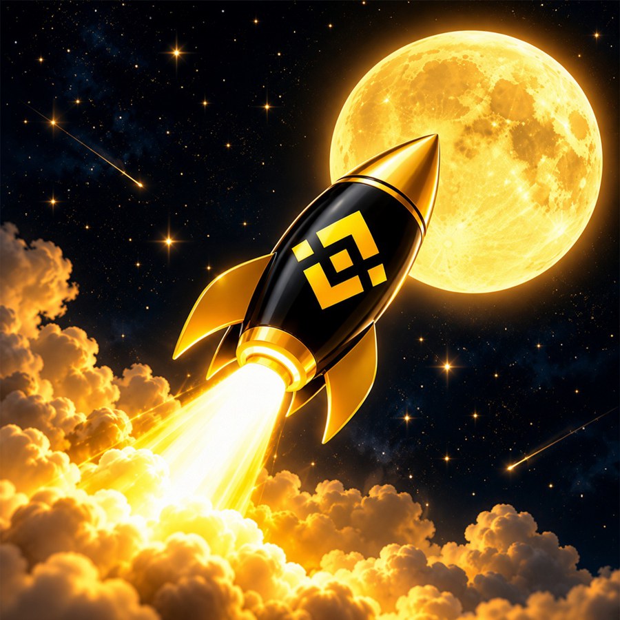 The BNB Season rocket lifting out of golden clouds